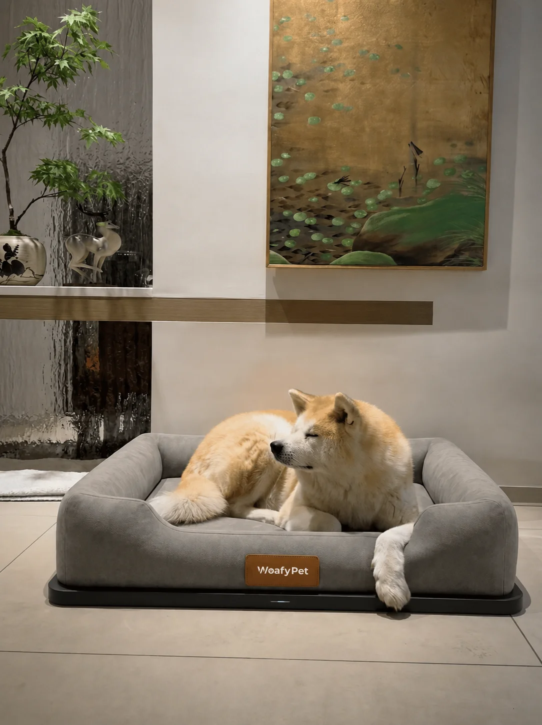 Complete WoafyPet prototype bed with a dog resting comfortably