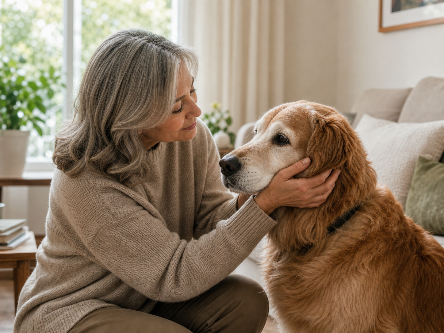 An older pet parent sharing a close moment with a senior dog